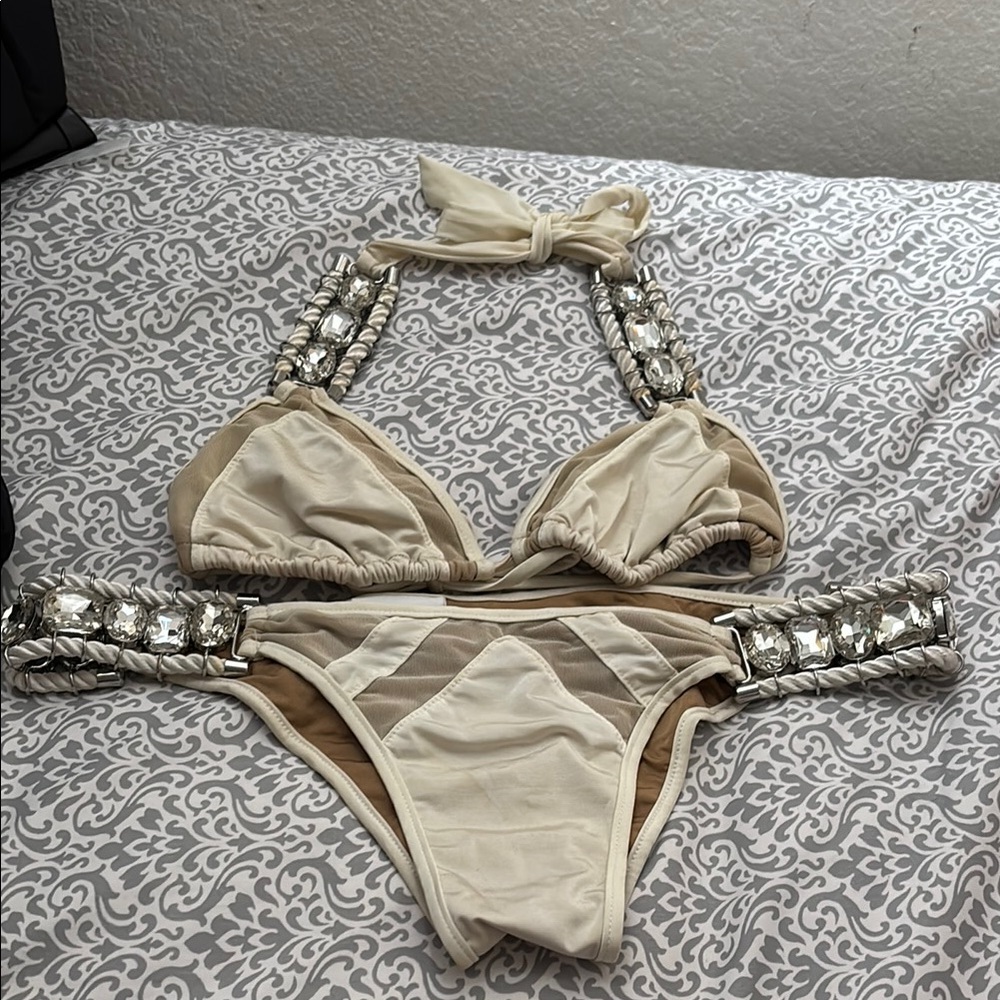 beach bunny vintage Cream and Silver Embellished Bikini